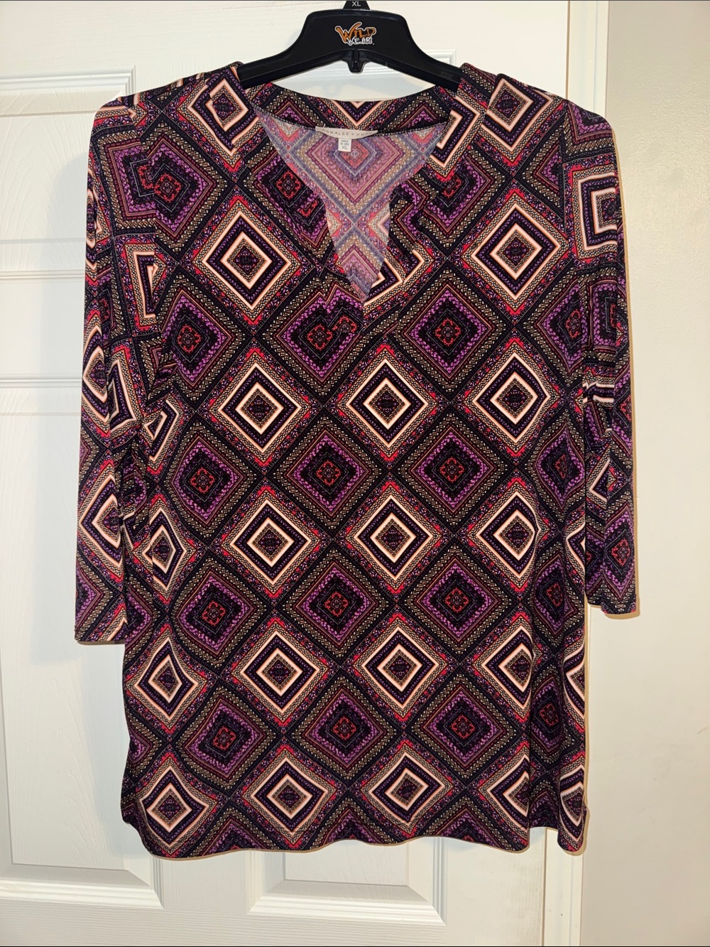 Annalee + Hope Geometric V-Neck Tunic in Black, Purple & Cream